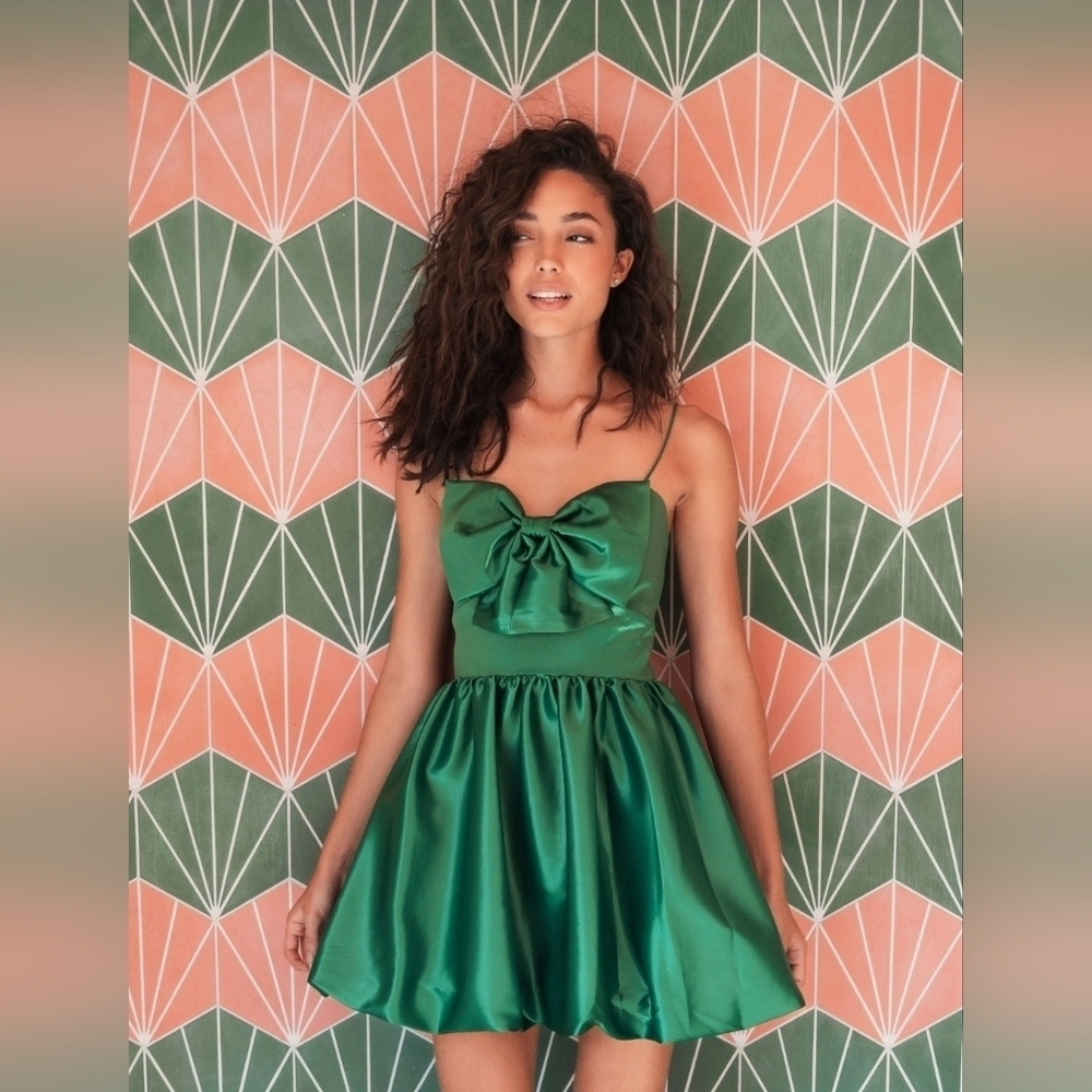 NWT! Ieena For Mac Duggal, Bow Bubble Mini Dress, Spring Green, MSRP $298
